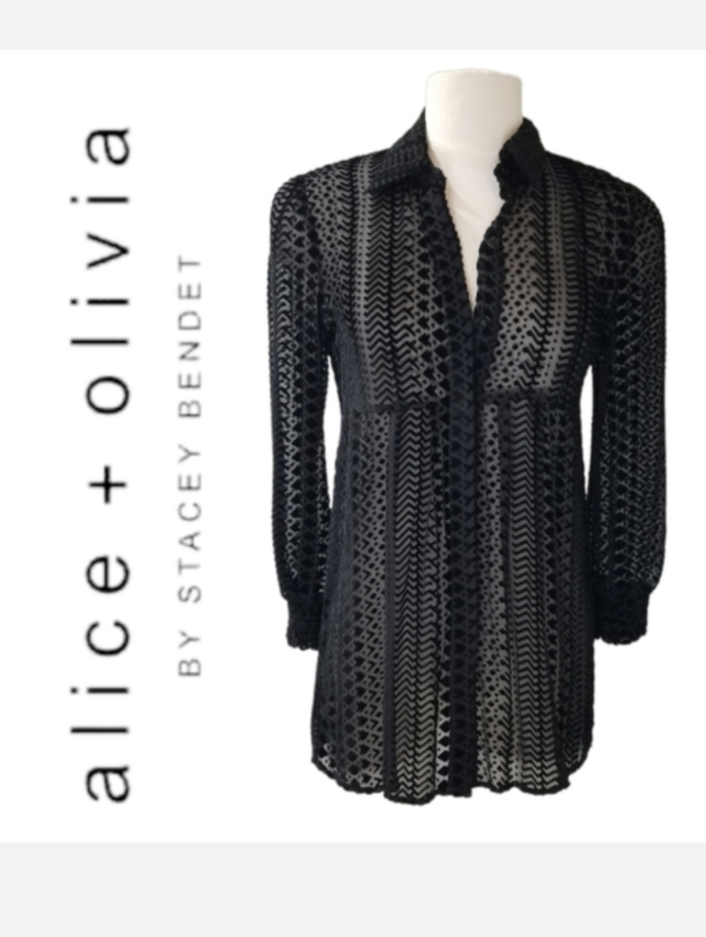 Alice + Olivia Buttondown Babydoll Blouse Black Velvet Burnout Sz XS-S BohoChic